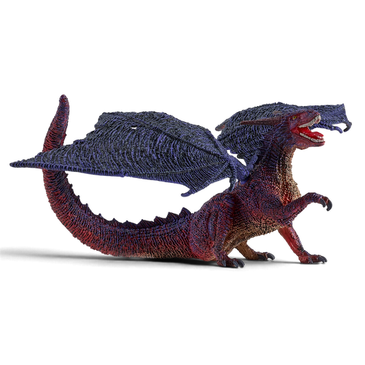 Mojo Fun dragon toy with articulated dark purple wings and detailed red and brown scales in a dynamic pose