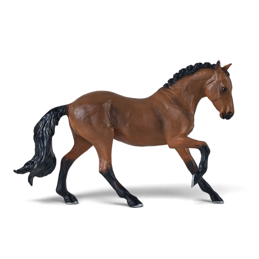 Mojo Fun hand-painted Hanoverian Bay horse toy figure with a brown coat and black mane and tail in a trotting pose.