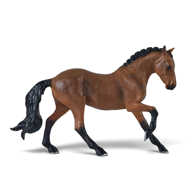 Mojo Fun hand-painted Hanoverian Bay horse toy figure with a brown coat and black mane and tail in a trotting pose.