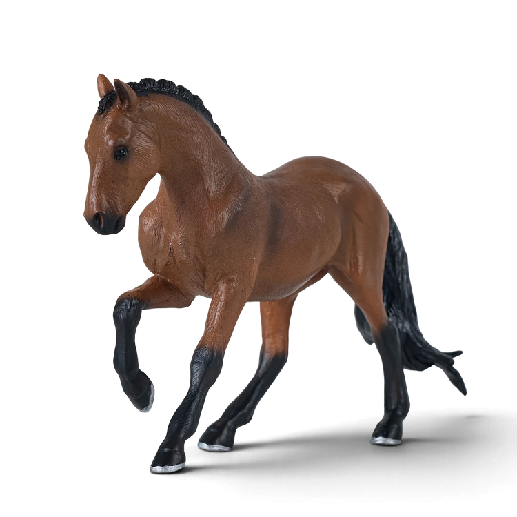 Mojo Fun hand-painted Hanoverian Bay horse toy figure with a brown coat and black mane in a prancing pose.