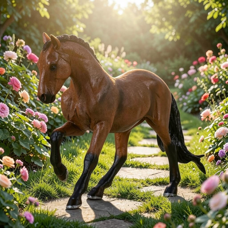 Mojo Fun hand-painted Hanoverian Bay horse toy figure standing on a stone path in a sunlit garden with flowers.
