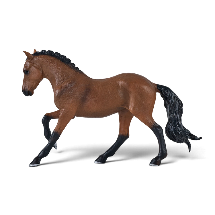 Mojo Fun hand-painted Hanoverian Bay horse toy figure with a brown coat and black mane in a trotting pose